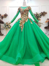 Custom Made Green Ball Gown Tulle Sequins Appliques Long Sleeve Wedding Dress